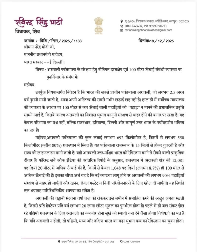 अरावली पर खतरे को लेकर शिव विधायक रविन्द्र सिंह भाटी ने प्रधानमंत्री को लिखा पत्र, सुप्रीम कोर्ट की 100 मीटर व्याख्या पर पुनर्विचार की मांग 1001810039